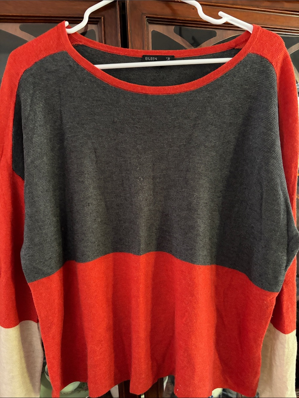 EILEEN FISHER Charcoal and Red Colorblock Crewneck Sweater